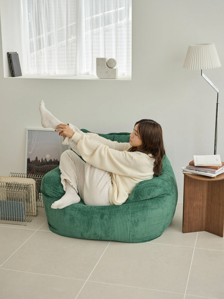Loosy コーデュロイ ビーズソファ グリーン HUGME 1人掛けビーズソファ 付替カバー Green｜1人用ソファ