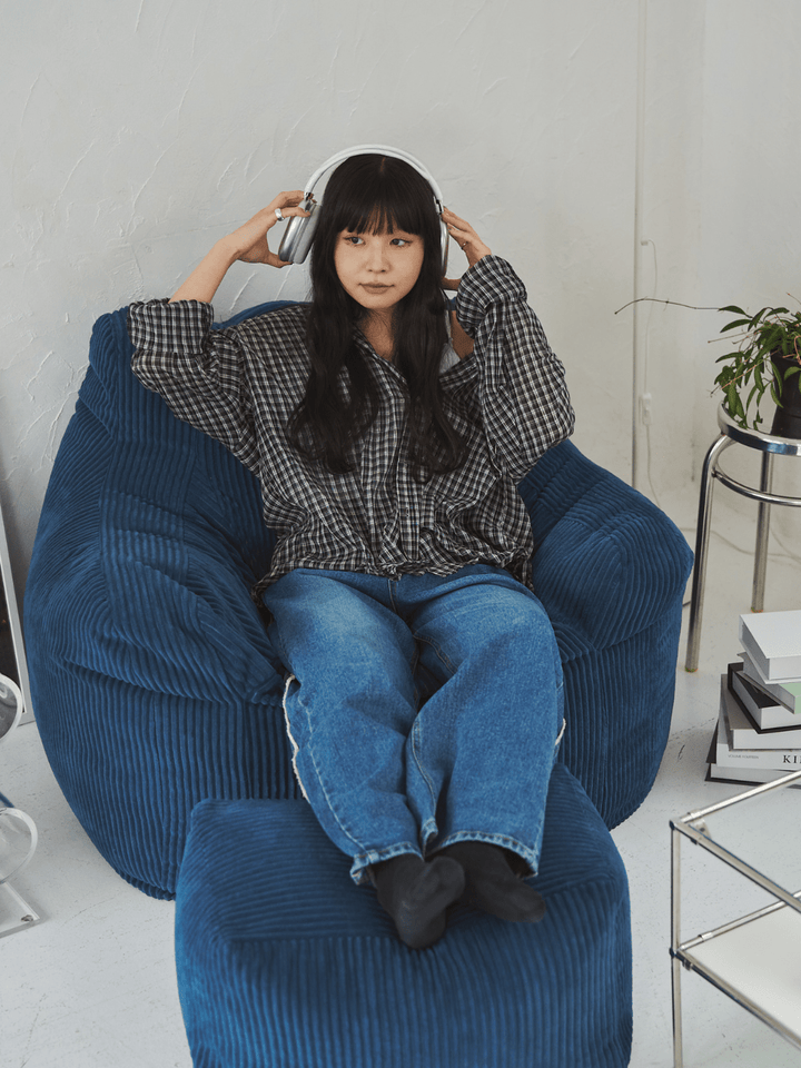 LOOOSY ネイビー ビーズクッション＋オットマン HUGME ビーズオットマン 付替カバー Navy｜スツール おしゃれ