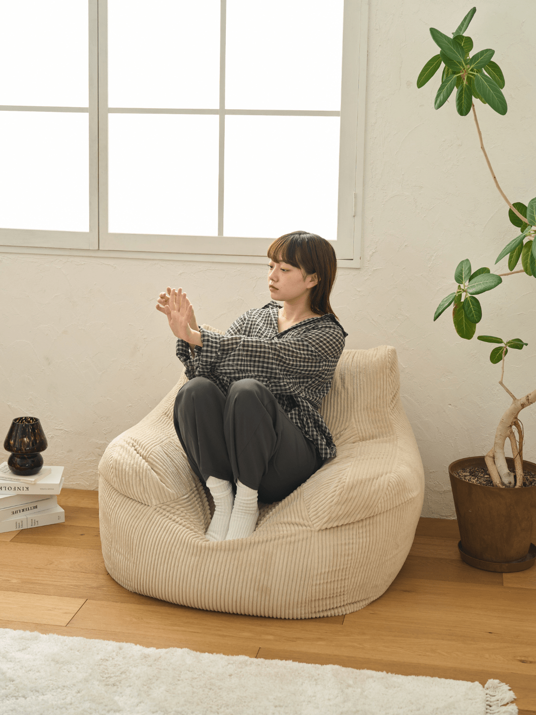 LOOSY 1人掛けビーズソファ+オットマンセット コーデュロイ グリーン LOOSY 1人掛けビーズソファ+オットマンセット コーデュロイ グリーン