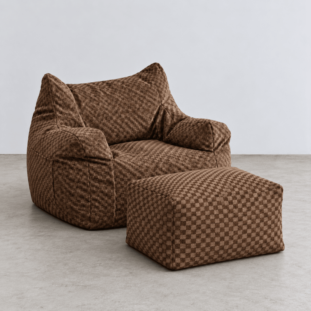 LOOSY 1人掛け ソファ ビーズクッション　オットマン付き ダークブラウン 公式】LOOSY 1人掛けビーズソファ Check Chenille -Brown｜1人用ソファ
