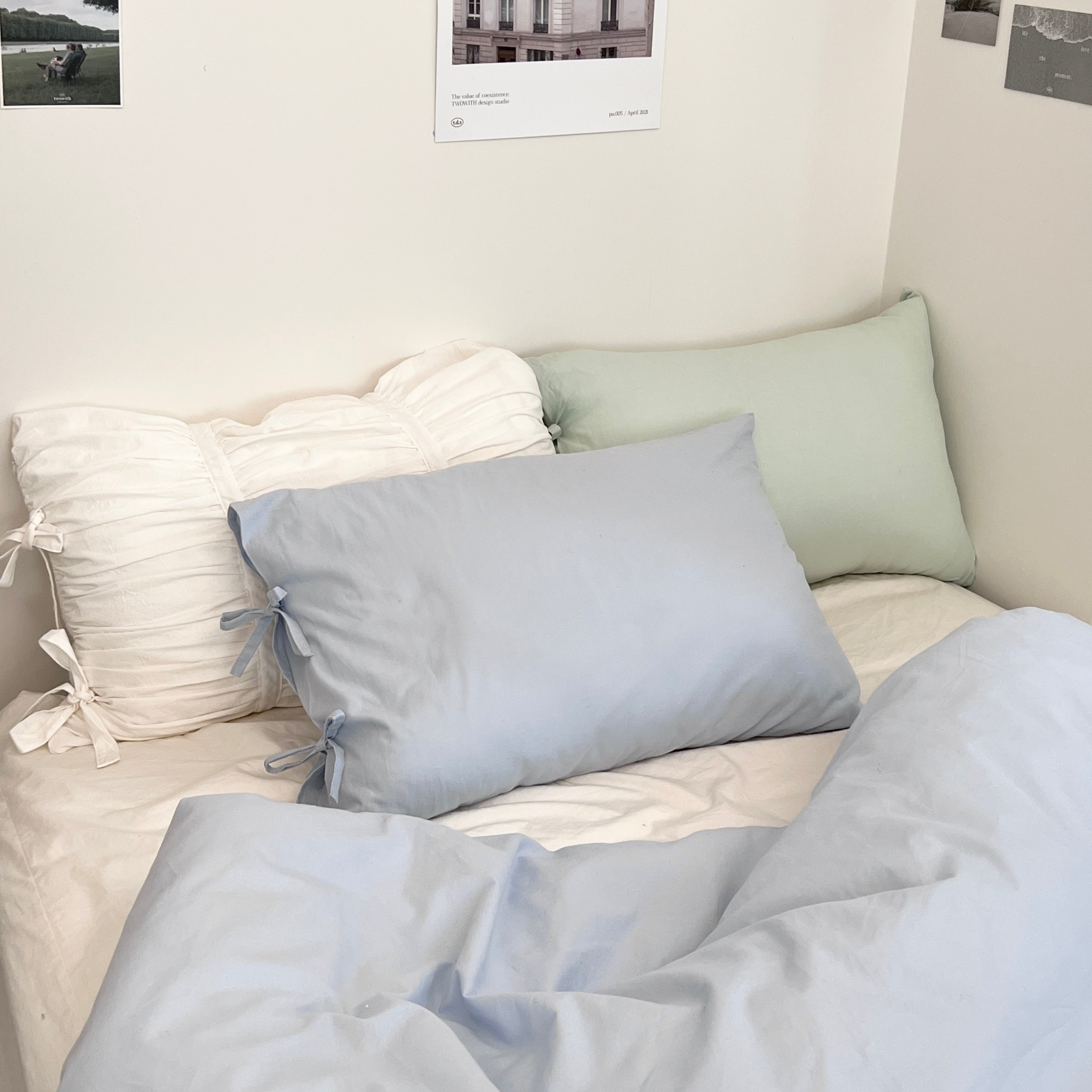 リボン付き枕カバー｜plain pillow cover -pale color-